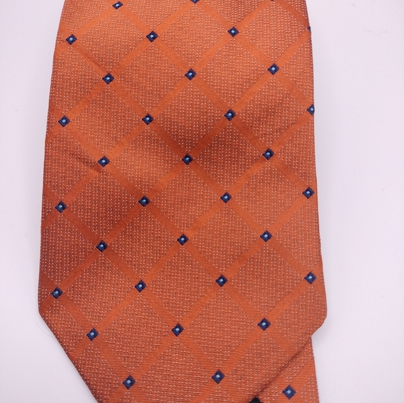 Brooks Basics Orange Tie with Blue Diamond Pattern Silk Necktie Formal Business - Picture 4 of 9